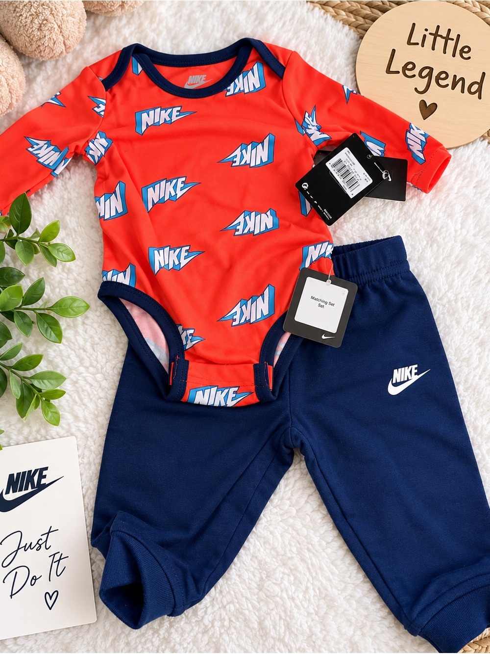 Nike Red Logo Bodysuit with Navy Pants Set